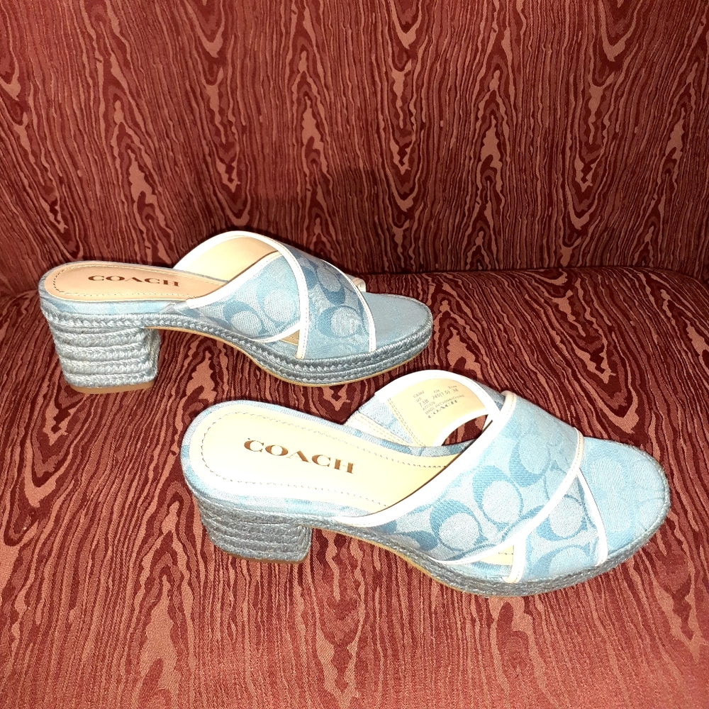 COACH Sloan Sig Espadrille Women's 7.5 Blue Printed Open Toe Chambray Slide NEW